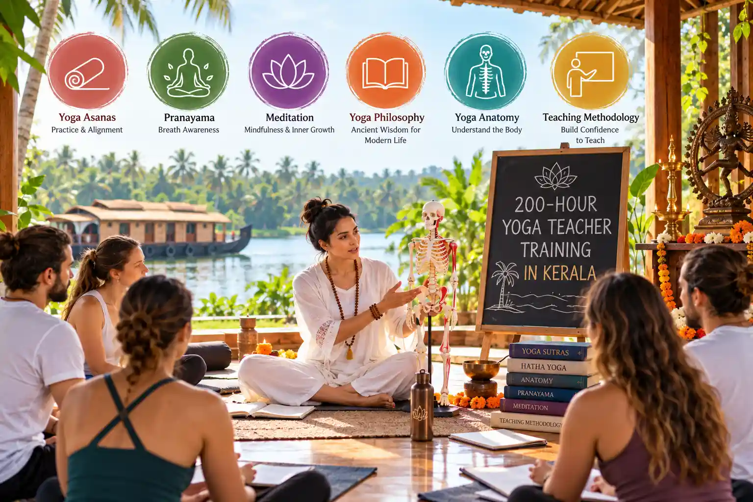 200-hour yoga teacher training in Kerala with students and instructor