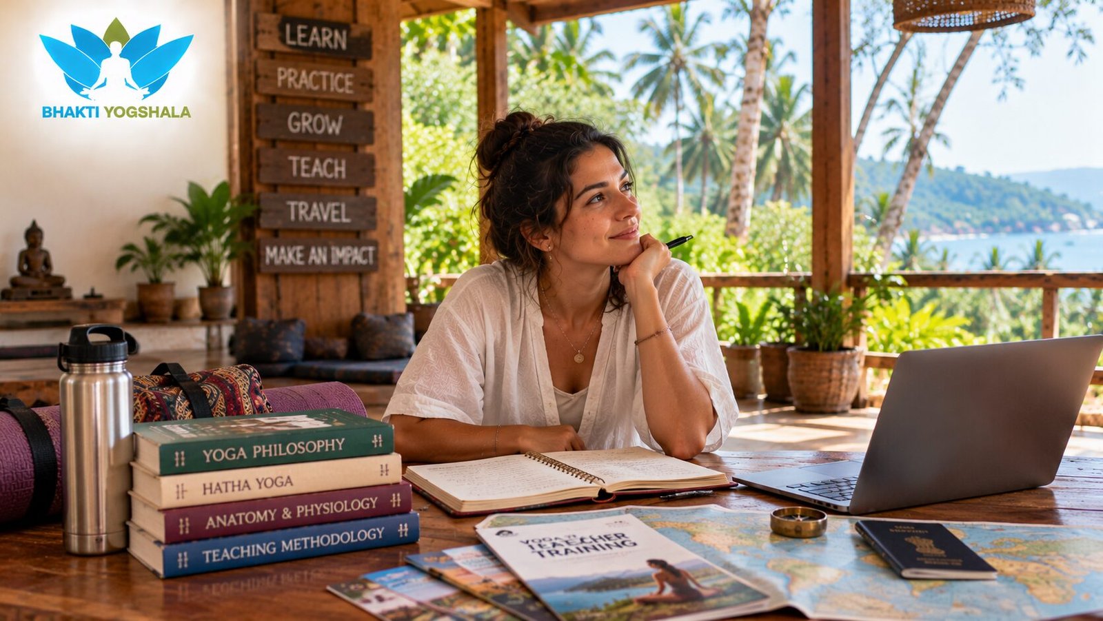 Bhakti Yogshala yoga teacher training scene featuring one woman seated at a wooden table in a peaceful, open-air tropical retreat, thoughtfully looking upward with a pen in her hand while studying an open notebook. She wears a white, loose-fitting top and sits centrally behind the table, with a silver water bottle, rolled yoga mat, laptop, and stacked books titled Yoga Philosophy, Hatha Yoga, Anatomy & Physiology, and Teaching Methodology arranged around her. A yoga teacher training brochure, world map, and dark notebook lie in the foreground, while a wooden sign in the background displays “Learn, Practice, Grow, Teach, Travel, Make an Impact.” Warm brown wood, cream, white, teal, burgundy, and earthy beige tones complement the lush green plants, palm trees, and blue water outside, with the blue-and-green Bhakti Yogshala lotus logo in the upper-left corner.