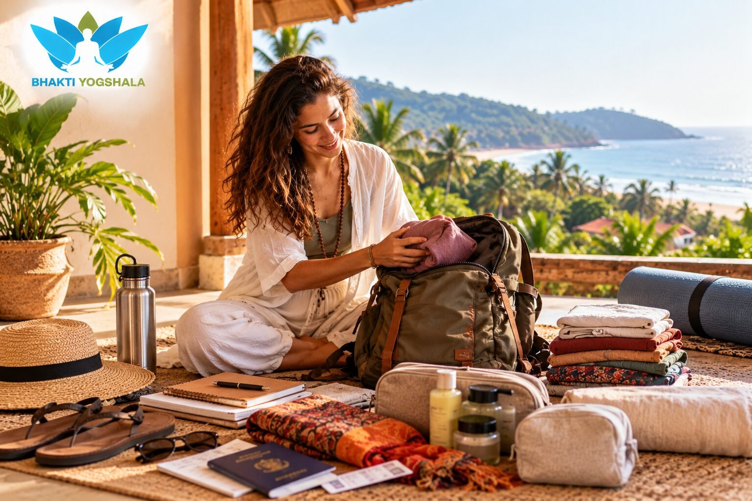 Bhakti Yogshala retreat packing scene featuring one woman sitting cross-legged on a woven mat, smiling as she places a folded mauve garment into an open olive-green backpack with brown leather straps. She wears a loose white outfit over a light grey-green top and a wooden-bead necklace, positioned in the centre of the image. Around her are neatly stacked clothes in white, cream, rust-red, grey, and patterned fabrics, a stainless-steel water bottle, rolled blue yoga mat, straw hat, sandals, sunglasses, notebooks, toiletries, and beige travel pouches. The tropical setting includes terracotta wooden pillars, potted green plants, warm beige flooring, and a scenic blue sea with palm trees and green coastal hills in the background; the blue-and-green Bhakti Yogshala lotus logo is displayed in the upper-left corner.