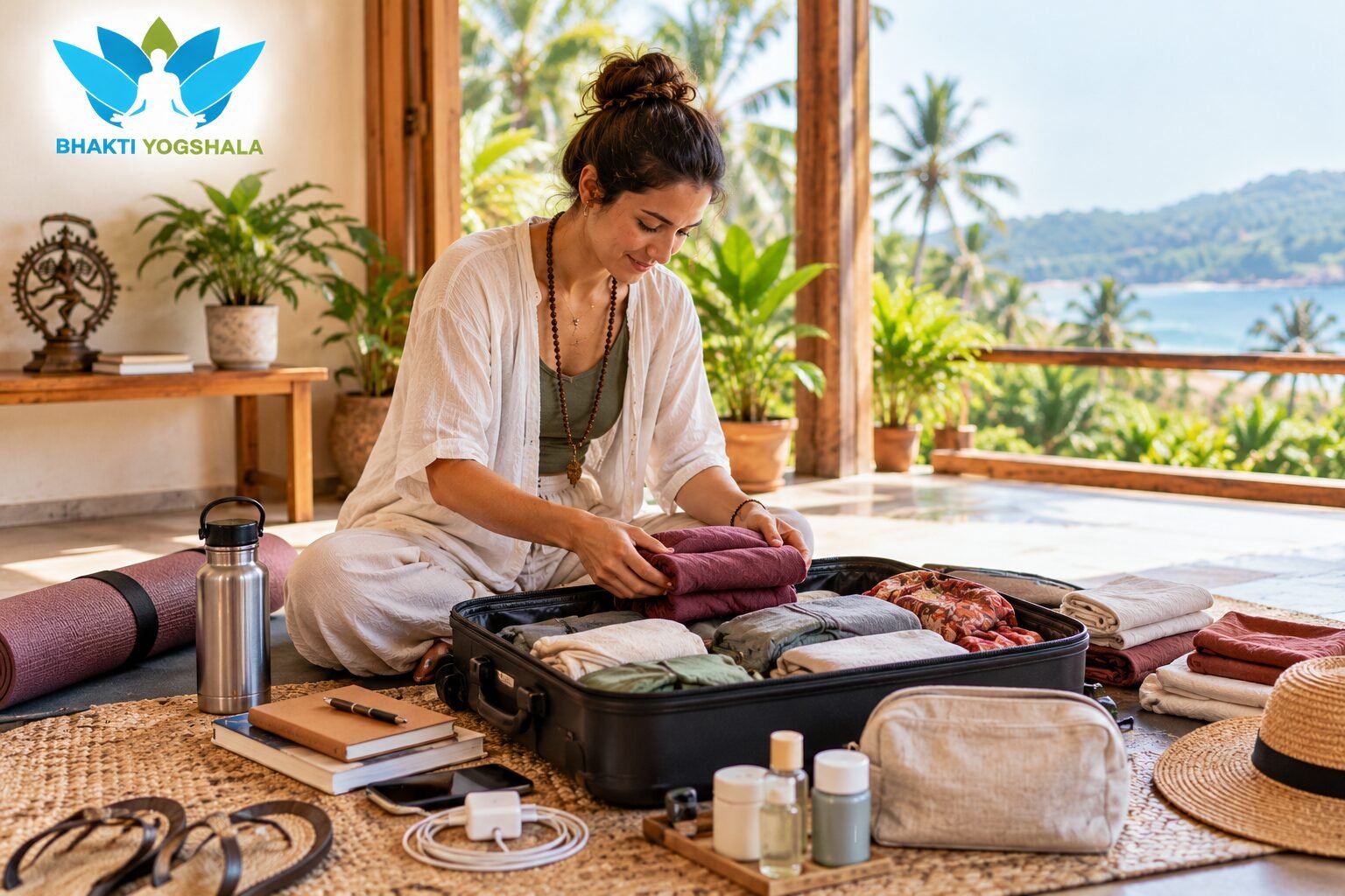 A woman preparing for a yoga retreat at Bhakti Yogshala sits cross-legged on the floor, carefully folding a mauve towel beside an open black suitcase filled with neatly packed clothes. One person is positioned in the centre-left, wearing a white outfit over an olive-green top, with dark hair tied in a bun and a wooden-bead necklace. Rolled yoga mats, a stainless-steel water bottle, notebooks, toiletries, a beige toiletry bag, sandals, and folded towels in cream, white, grey, mauve, and earthy red are arranged across the woven floor mats. The background features wooden pillars, potted green plants, a small spiritual statue on a wooden shelf, and a beautiful blue lake with green hills, while the blue-and-green Bhakti Yogshala lotus logo appears in the upper-left corner.