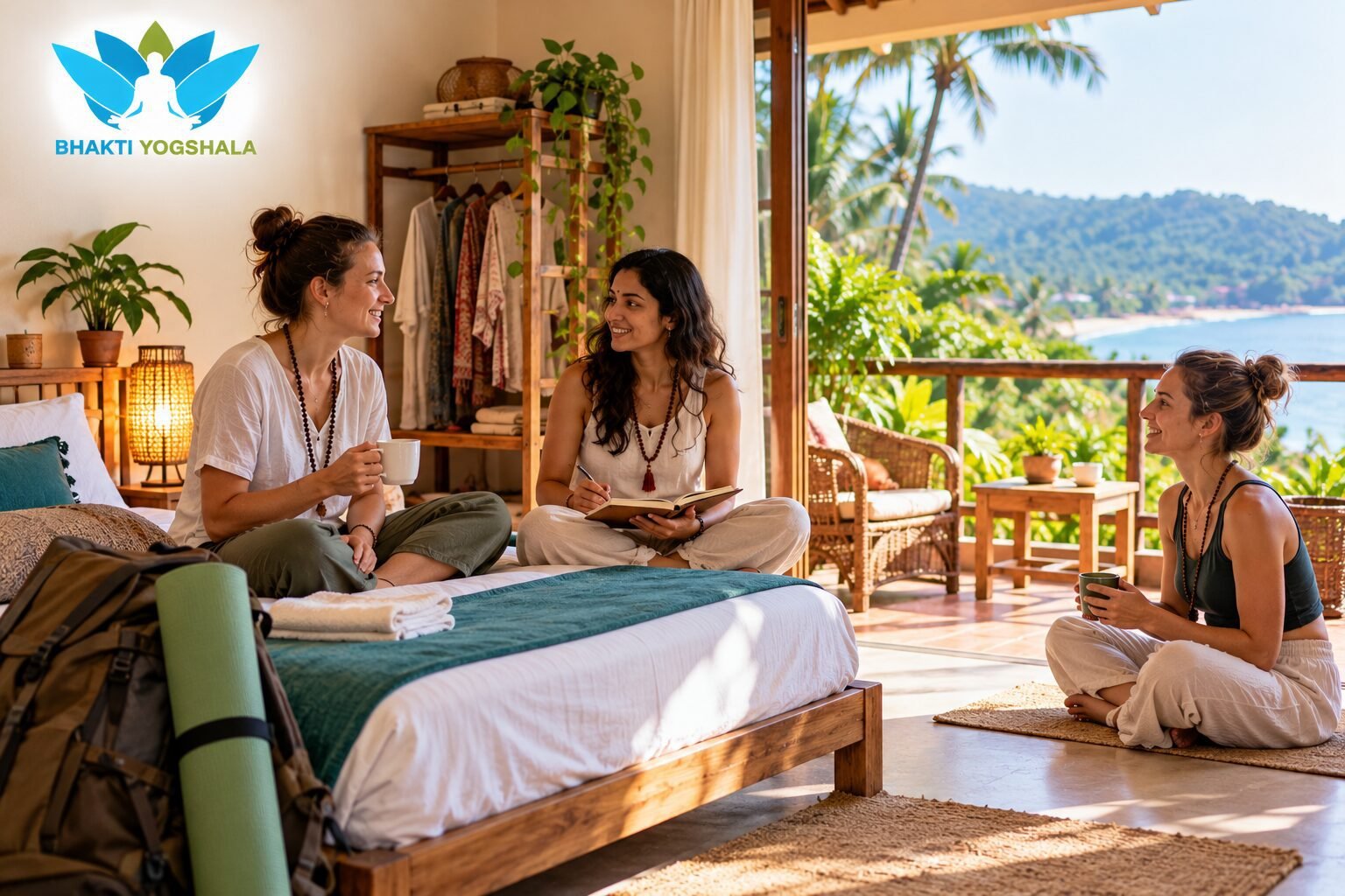 Bhakti Yogshala retreat accommodation scene showing three women relaxing and connecting in a peaceful, tropical yoga retreat room. On the left, a woman in a white top and olive-green trousers sits cross-legged on a wooden bed, holding a white cup; in the centre, a woman wearing a cream outfit and beaded necklace sits with an open journal and pen; on the right, a woman in a dark sleeveless top and cream trousers sits cross-legged on a woven mat, holding a green cup and smiling at the others. The room features white bedding, a teal bed runner, green yoga mat, brown backpack, wooden furniture, potted plants, warm lantern lighting, and natural beige woven rugs. Large open windows reveal palm trees, lush green hills, and a blue lake, while the blue-and-green Bhakti Yogshala lotus logo appears in the upper-left corner.