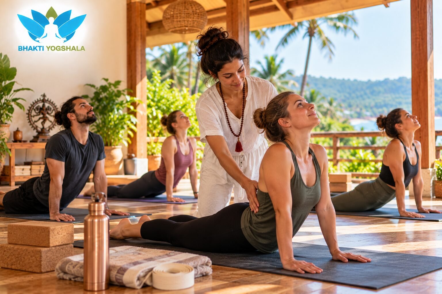 Bhakti Yogshala yoga teacher training session featuring five people, one female instructor and four students, practising an upward-facing dog yoga pose on dark yoga mats in an open-air tropical studio. The instructor, dressed in a loose white outfit with a long wooden-bead necklace, stands in the centre and gently adjusts the posture of the woman in the foreground, who wears an olive-green sleeveless top and black leggings. Three students in charcoal grey, mauve, and black athletic clothing practise the same pose behind her, surrounded by wooden pillars, green potted plants, cork yoga blocks, a copper water bottle, and folded towels. Warm brown wood, natural beige, white, olive green, mauve, and charcoal tones complement the bright blue sea and lush green hills in the background, with the blue-and-green Bhakti Yogshala lotus logo displayed in the upper-left corner.