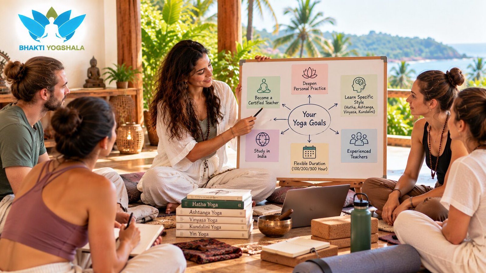 Bhakti Yogshala yoga teacher training discussion featuring five people, including one female instructor and four students seated on floor cushions in a tropical open-air studio. The instructor, wearing a white outfit and wooden-bead necklace, sits to the left of a whiteboard and points toward a diagram titled “Your Yoga Goals,” while students in olive-green, mauve, black, and white clothing listen attentively and one student takes notes. The board highlights becoming a certified teacher, deepening personal practice, learning Hatha, Ashtanga, Vinyasa or Kundalini yoga, studying in India, flexible 100/200/300-hour courses, and experienced teachers. Yoga books, an open laptop, notebooks, a green water bottle, a singing bowl, and cork blocks are arranged in the foreground, with warm brown wooden pillars, lush green plants, blue water, distant hills, and the blue-and-green Bhakti Yogshala lotus logo in the upper-left corner.